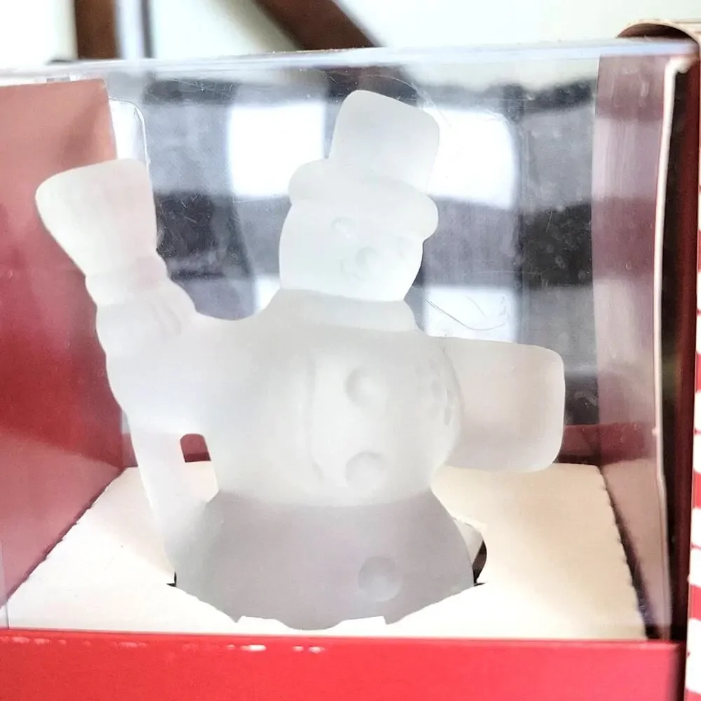 Vintage Williams Sonoma Snowman Tiny Taper Holder Clear Satin Glass Set Festive